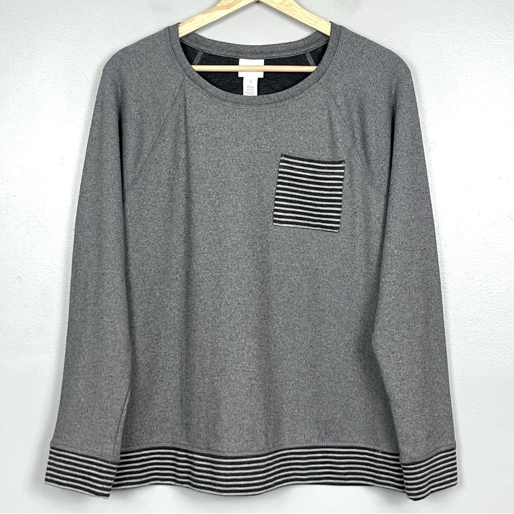 Weekends by Chico’s heather gray striped trim sweatshirt style top, medium.